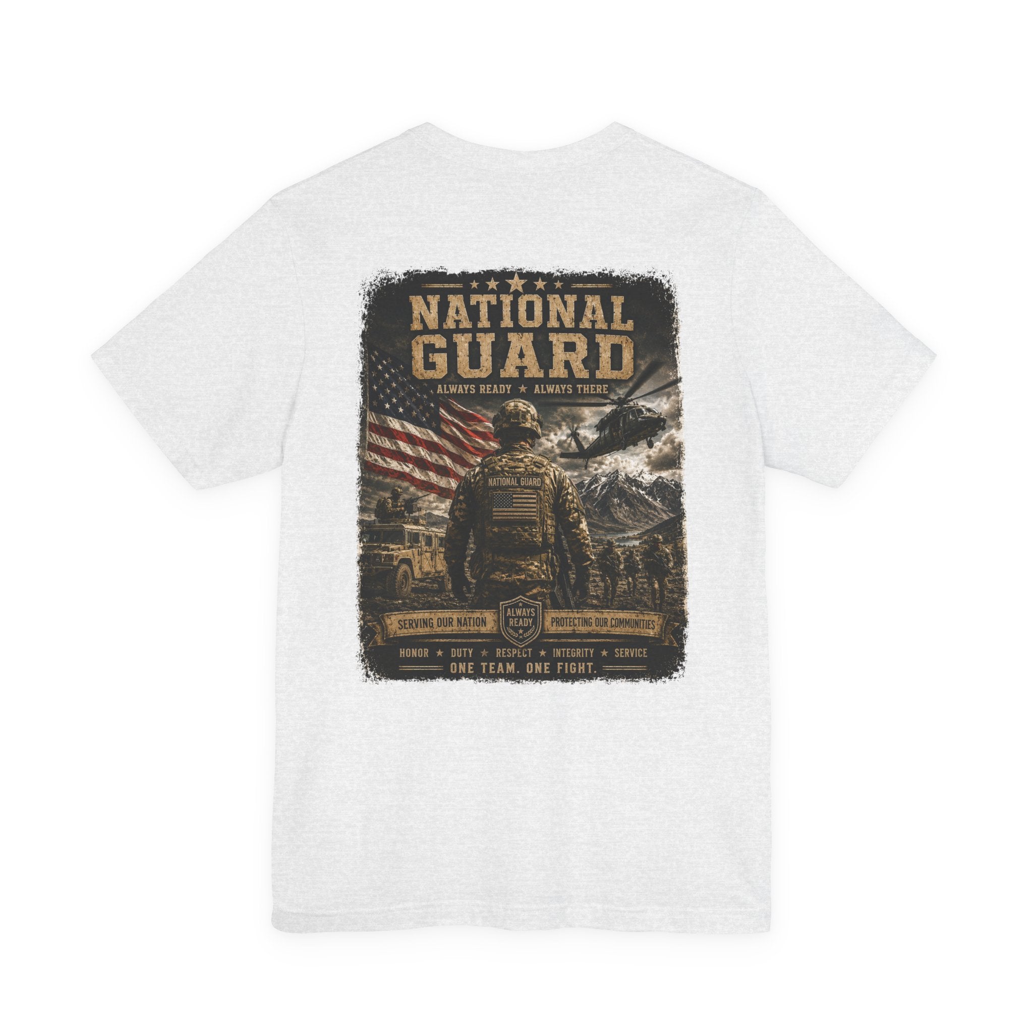 National Guard Graphic Tee — Military Dog Tags & Soldier Back Print