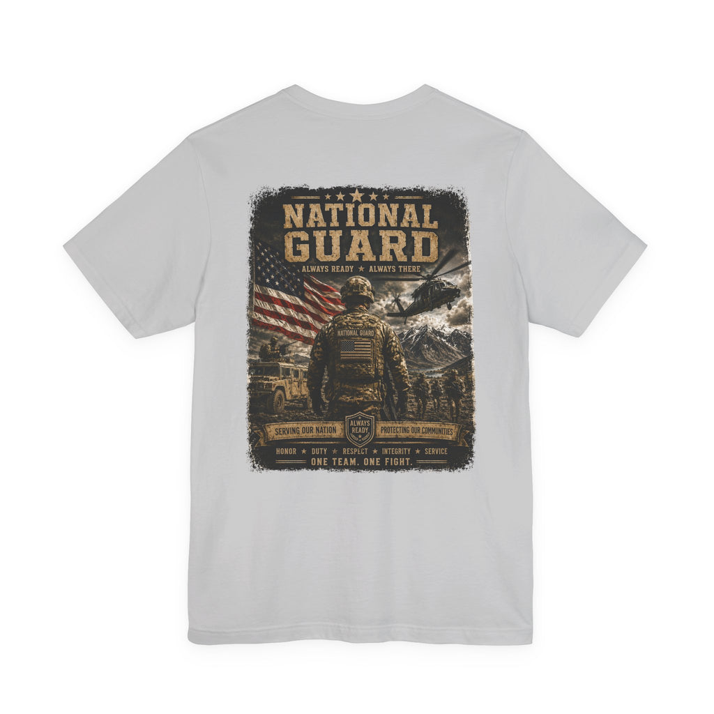 National Guard Graphic Tee — Military Dog Tags & Soldier Back Print