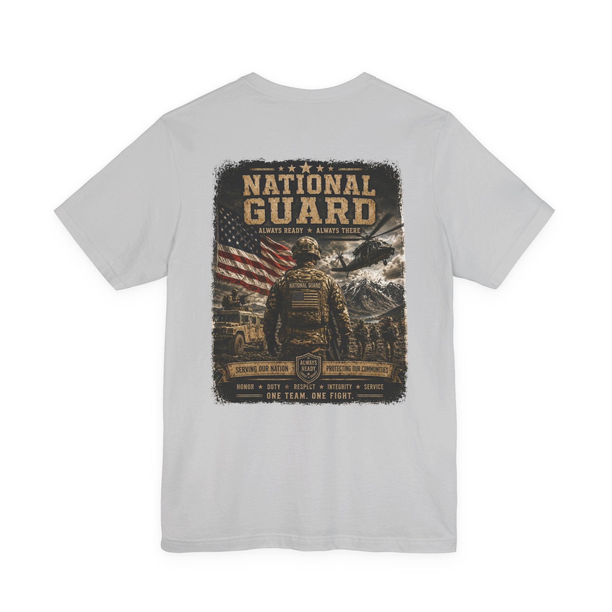 National Guard Graphic Tee — Military Dog Tags & Soldier Back Print