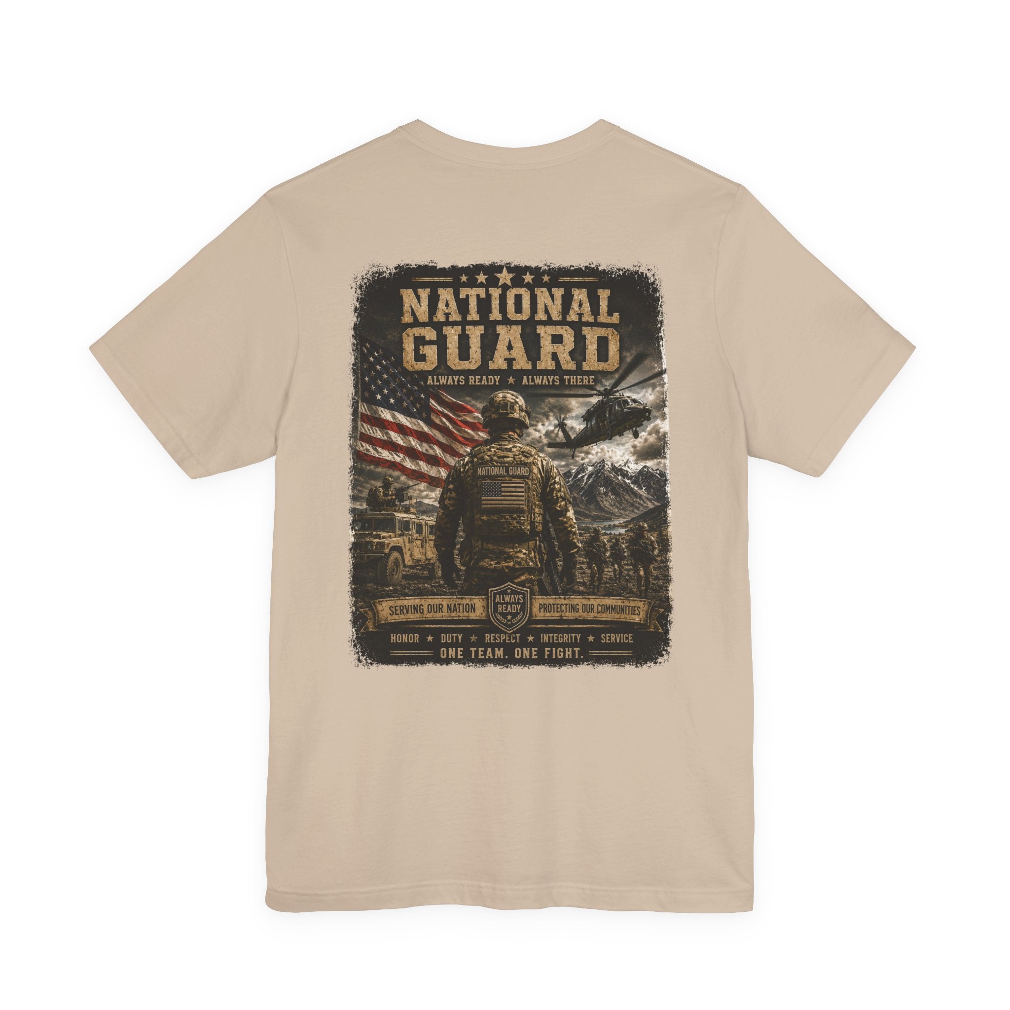 National Guard Graphic Tee — Military Dog Tags & Soldier Back Print