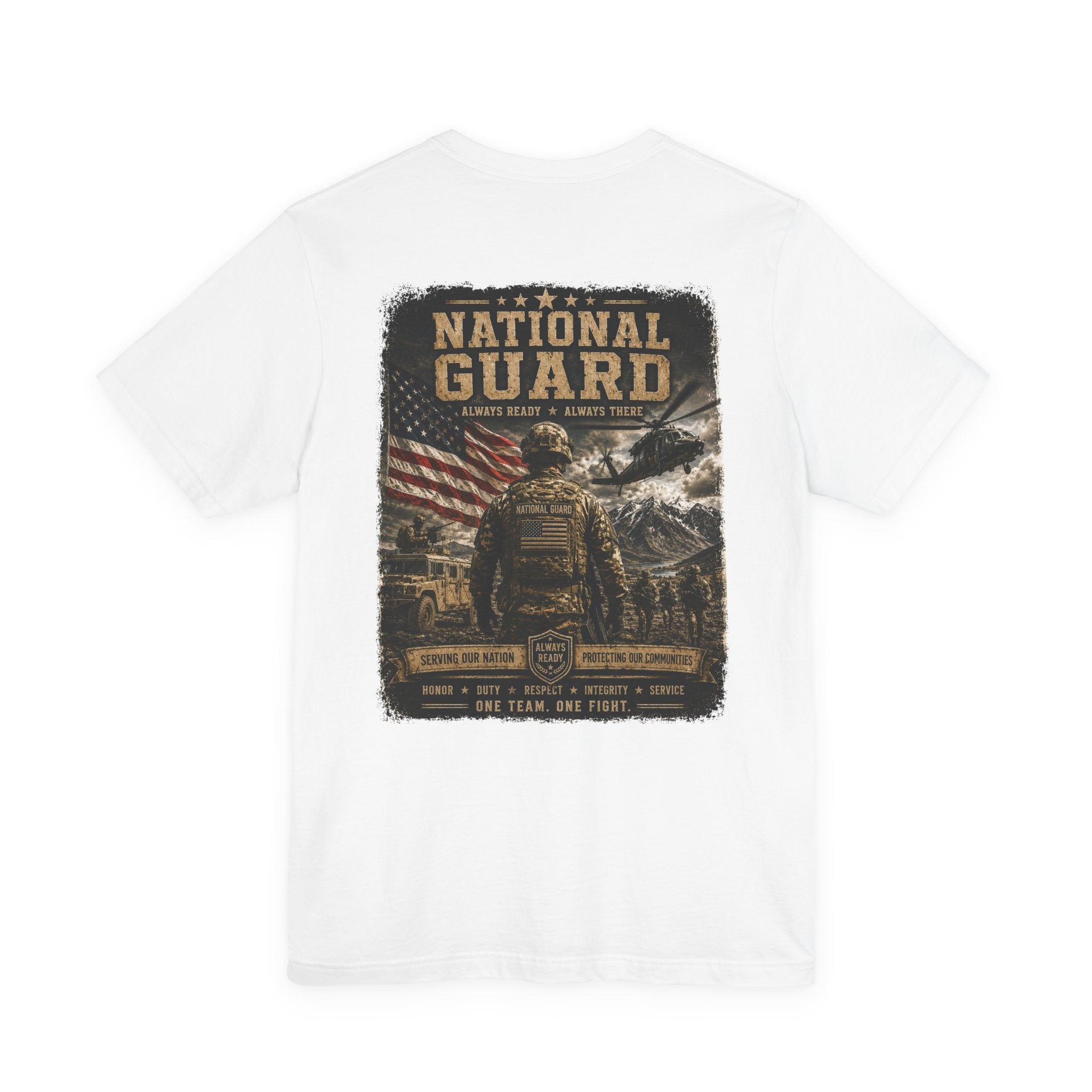 National Guard Graphic Tee — Military Dog Tags & Soldier Back Print
