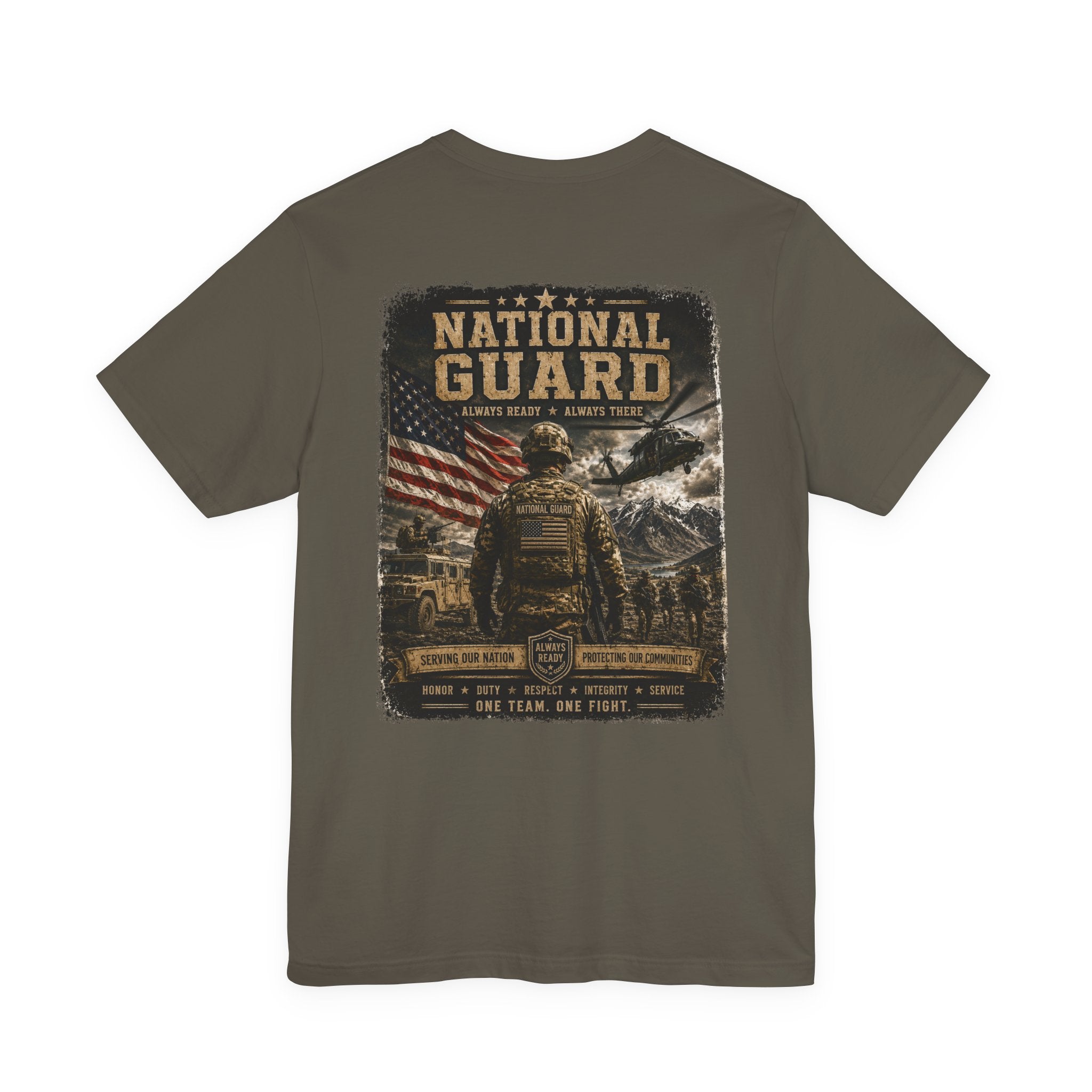 National Guard Graphic Tee — Military Dog Tags & Soldier Back Print