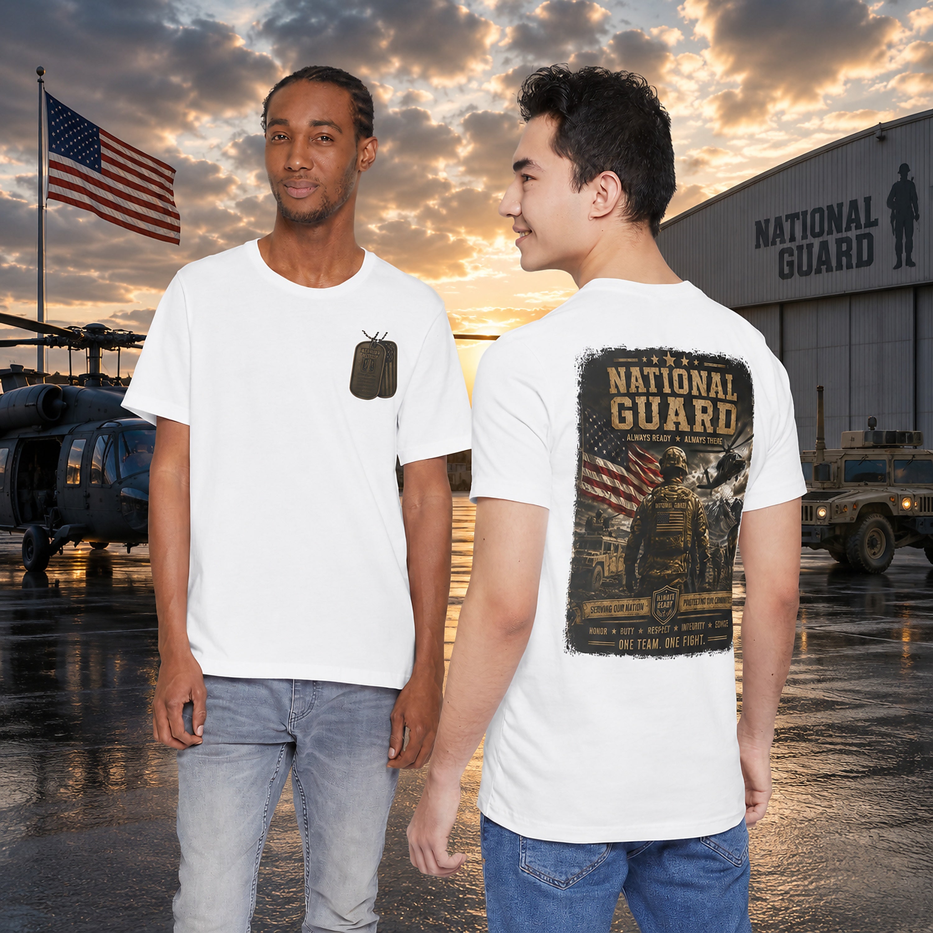 National Guard Graphic Tee — Military Dog Tags & Soldier Back Print