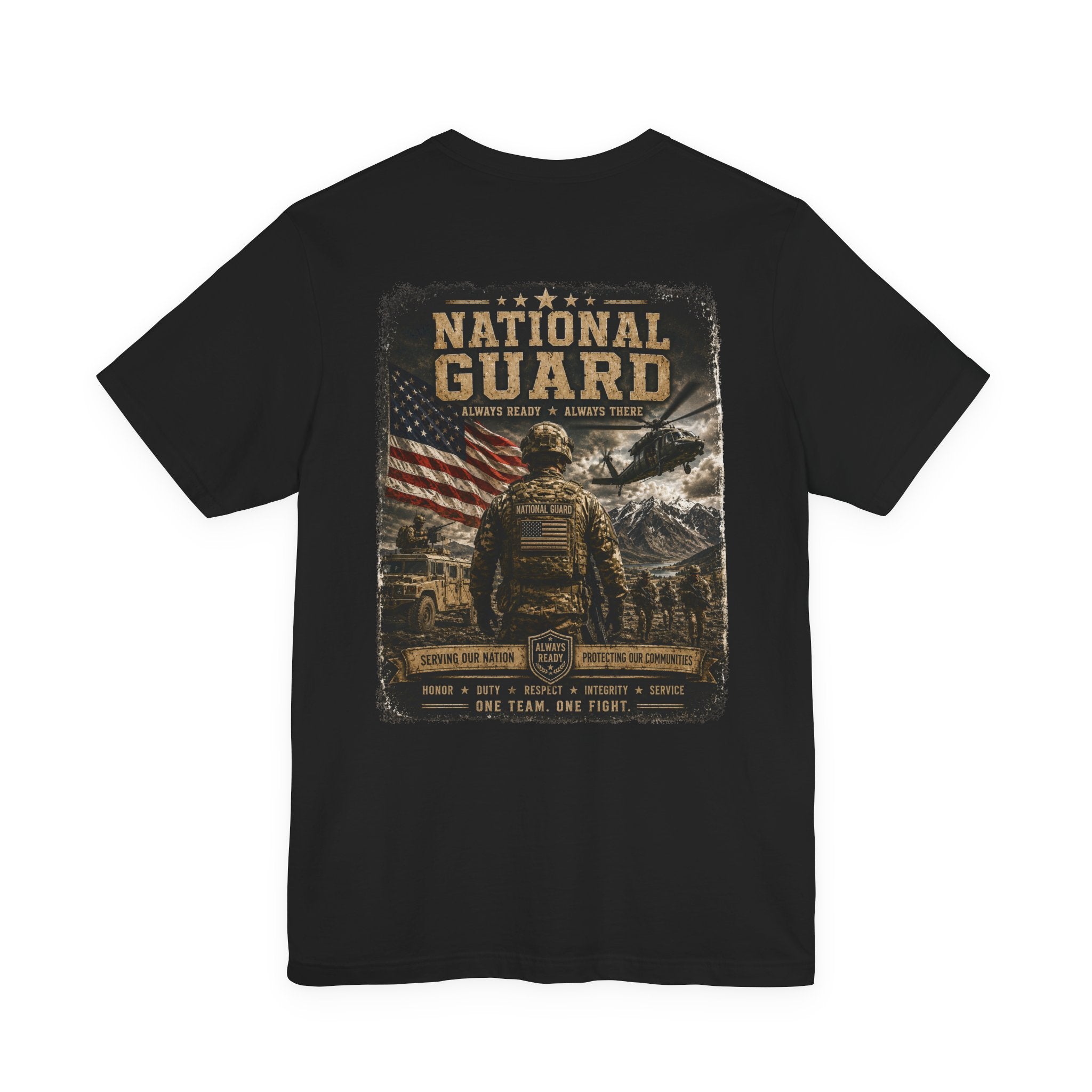 National Guard Graphic Tee — Military Dog Tags & Soldier Back Print